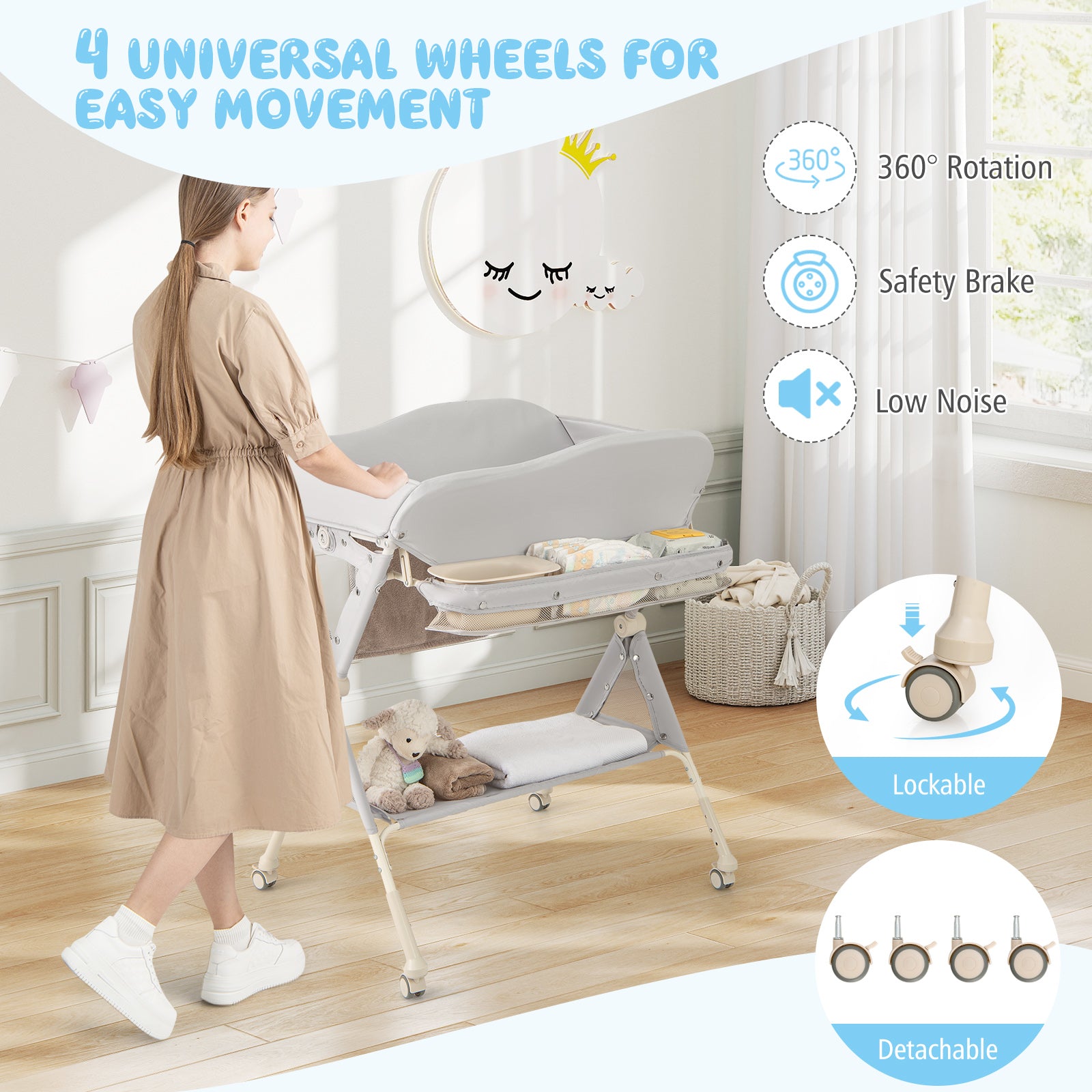 Baby Changing Table Foldable Diaper Changing Station Portable Newborn Nursery Organizer-Grey