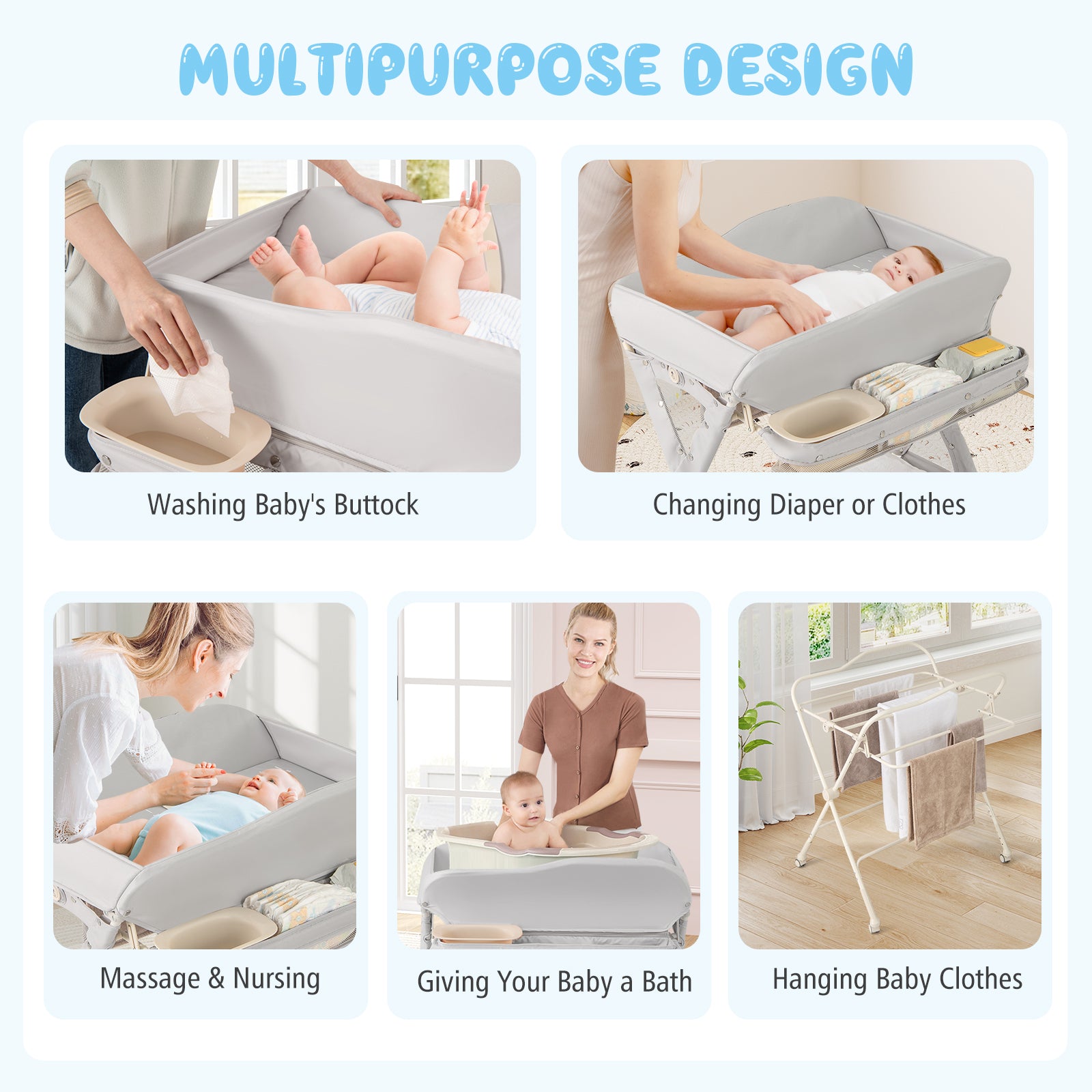 Baby Changing Table Foldable Diaper Changing Station Portable Newborn Nursery Organizer-Grey