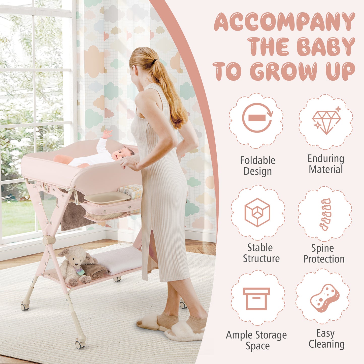 Baby Changing Table Foldable Diaper Changing Station Portable Newborn Nursery Organizer-Pink