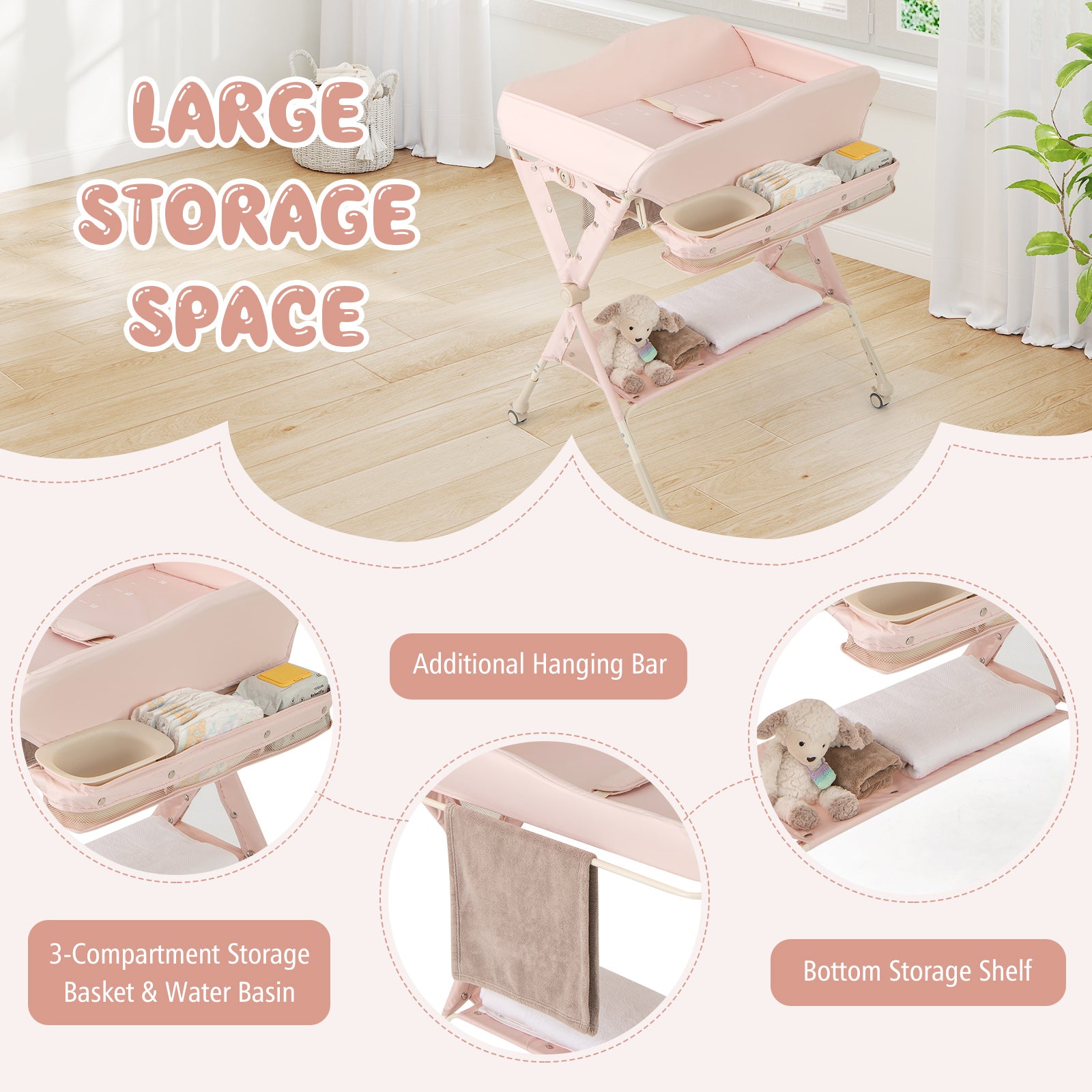 Baby Changing Table Foldable Diaper Changing Station Portable Newborn Nursery Organizer-Pink