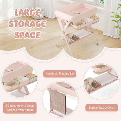 Baby Changing Table Foldable Diaper Changing Station Portable Newborn Nursery Organizer-Pink