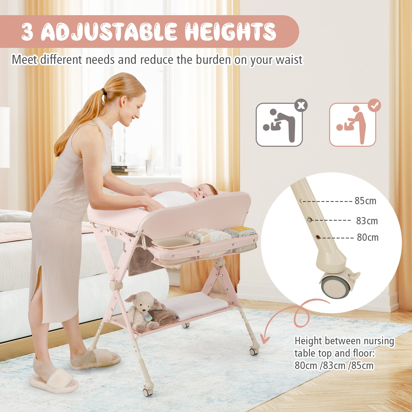 Baby Changing Table Foldable Diaper Changing Station Portable Newborn Nursery Organizer-Pink