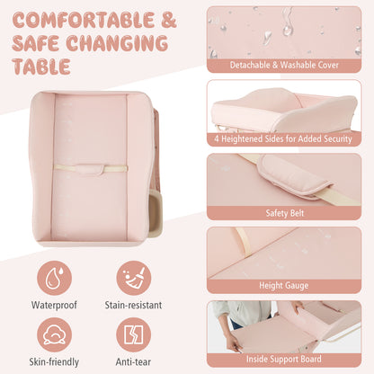 Baby Changing Table Foldable Diaper Changing Station Portable Newborn Nursery Organizer-Pink