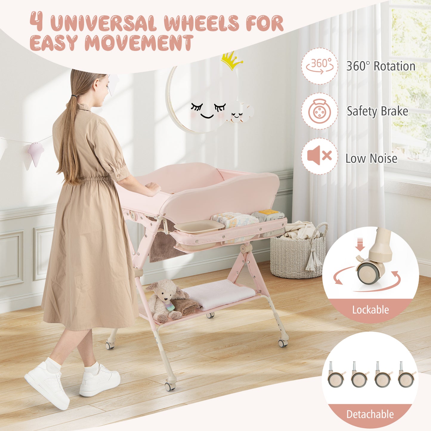 Baby Changing Table Foldable Diaper Changing Station Portable Newborn Nursery Organizer-Pink