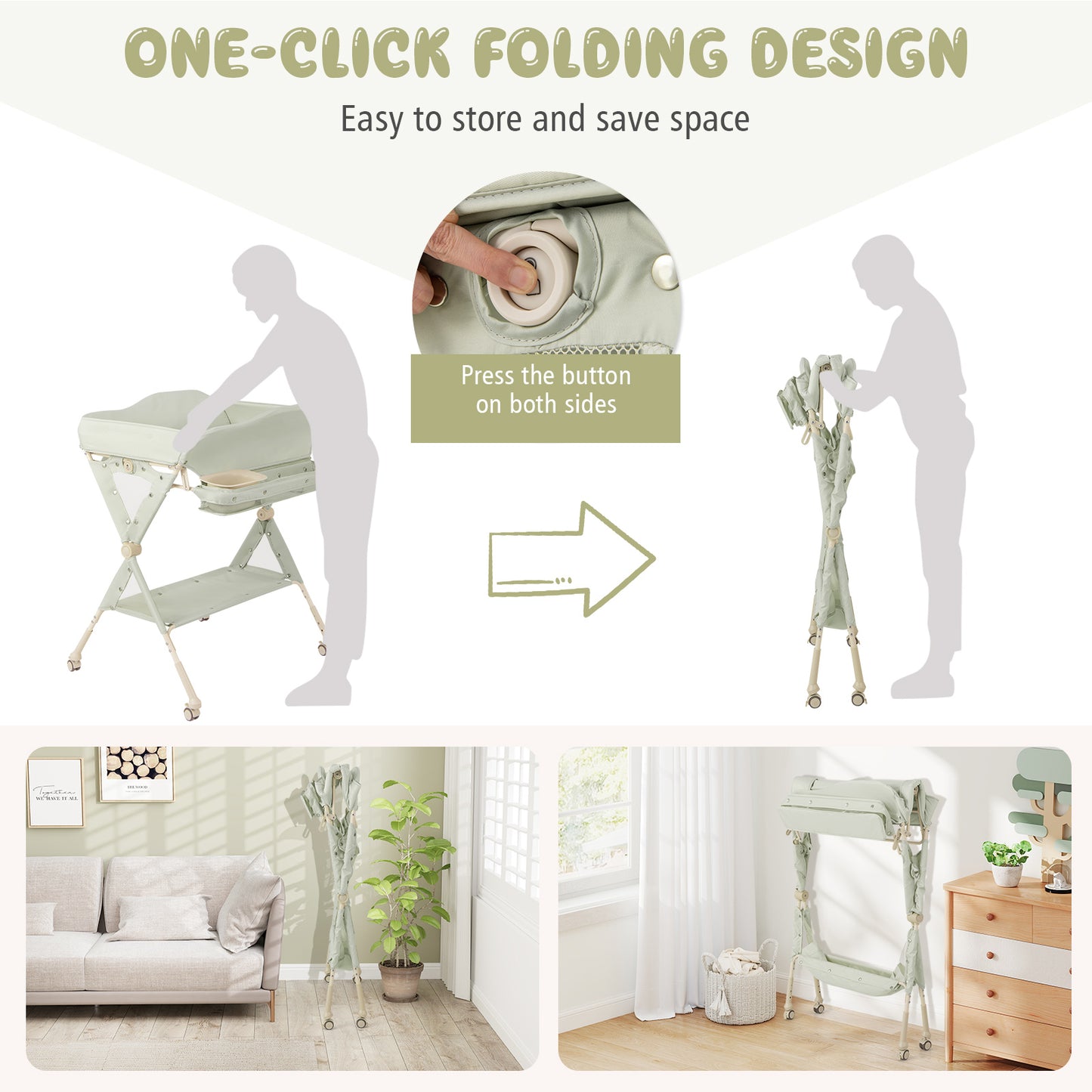 Baby Changing Table Foldable Diaper Changing Station Portable Newborn Nursery Organizer-Green