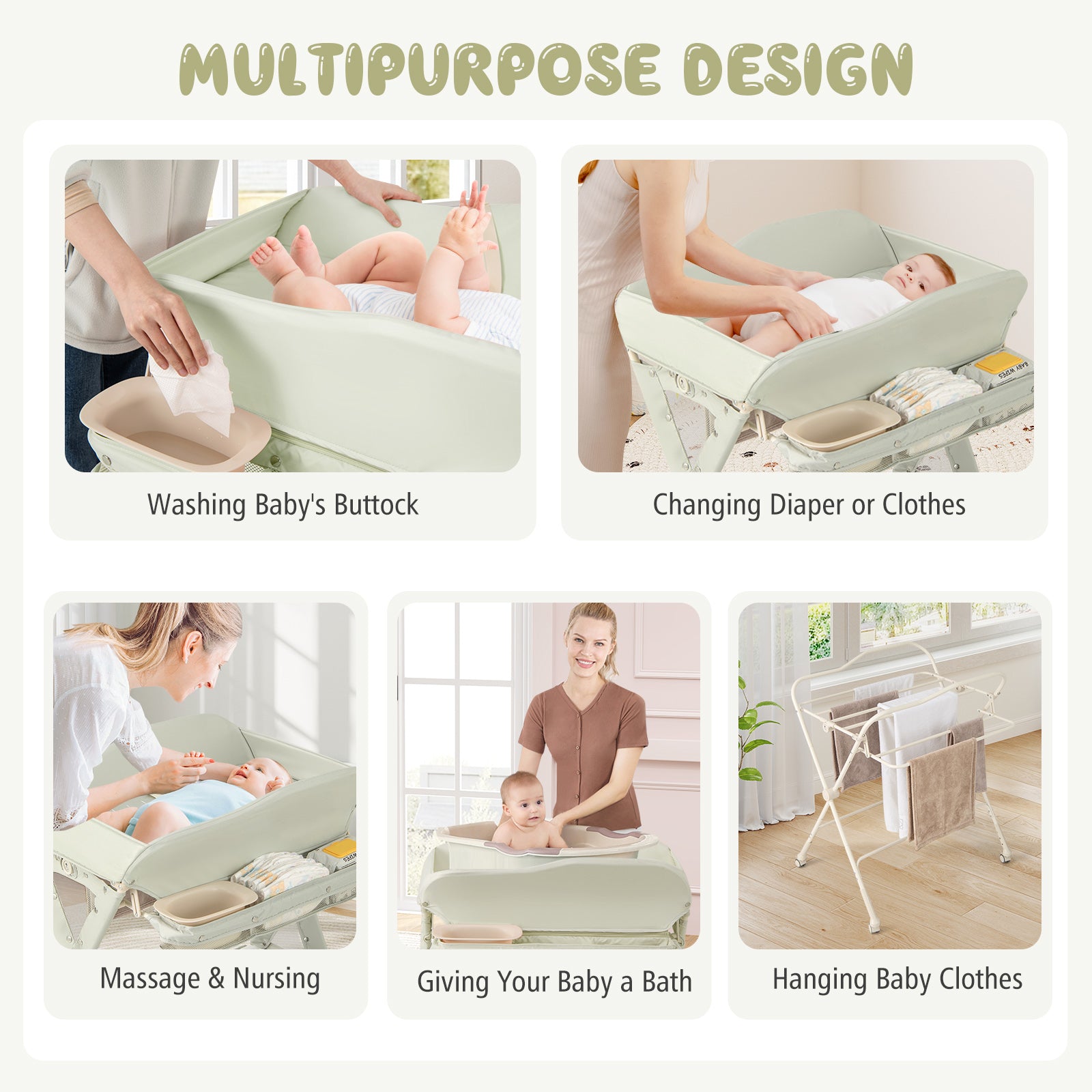 Baby Changing Table Foldable Diaper Changing Station Portable Newborn Nursery Organizer-Green