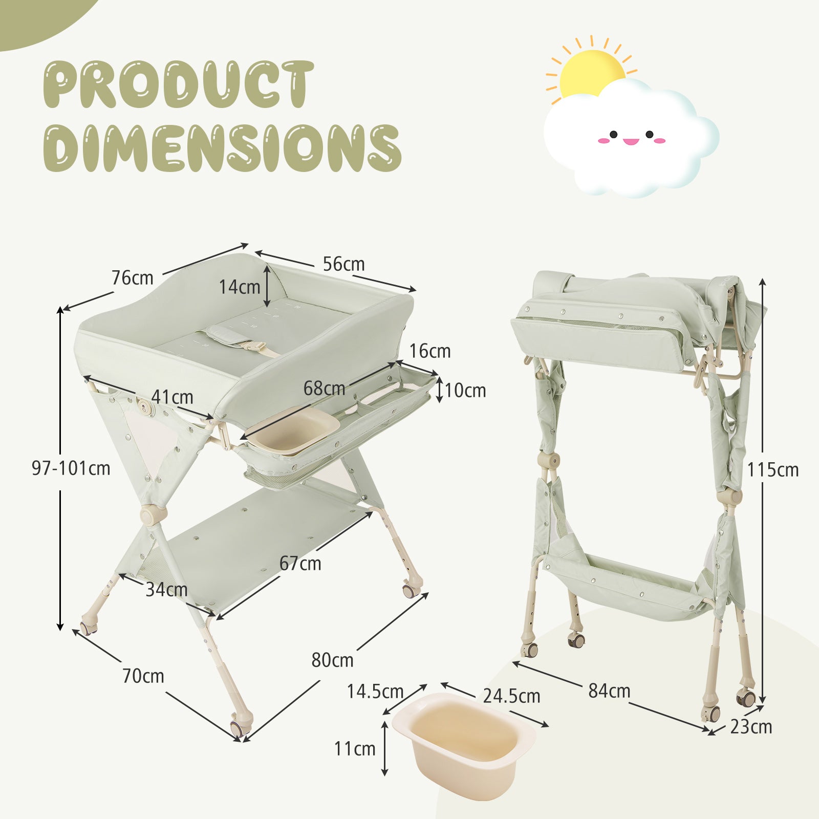 Baby Changing Table Foldable Diaper Changing Station Portable Newborn Nursery Organizer-Green