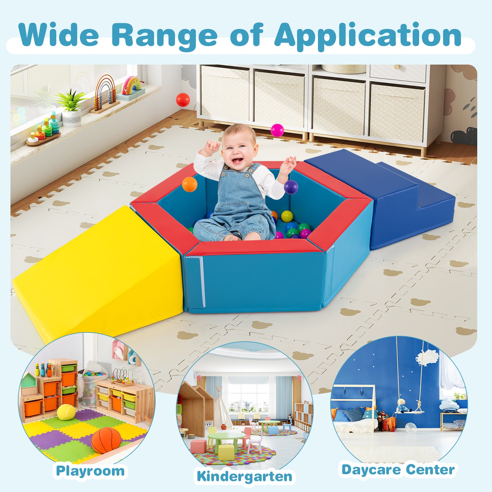 3-Piece Baby Foam Climbing Blocks with Ball Pit and 100 Colorful Ocean Balls-Multicolour