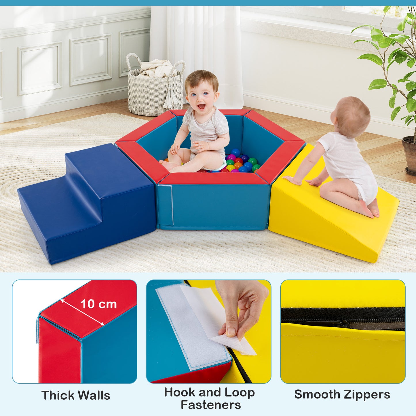 3-Piece Baby Foam Climbing Blocks with Ball Pit and 100 Colorful Ocean Balls-Multicolour