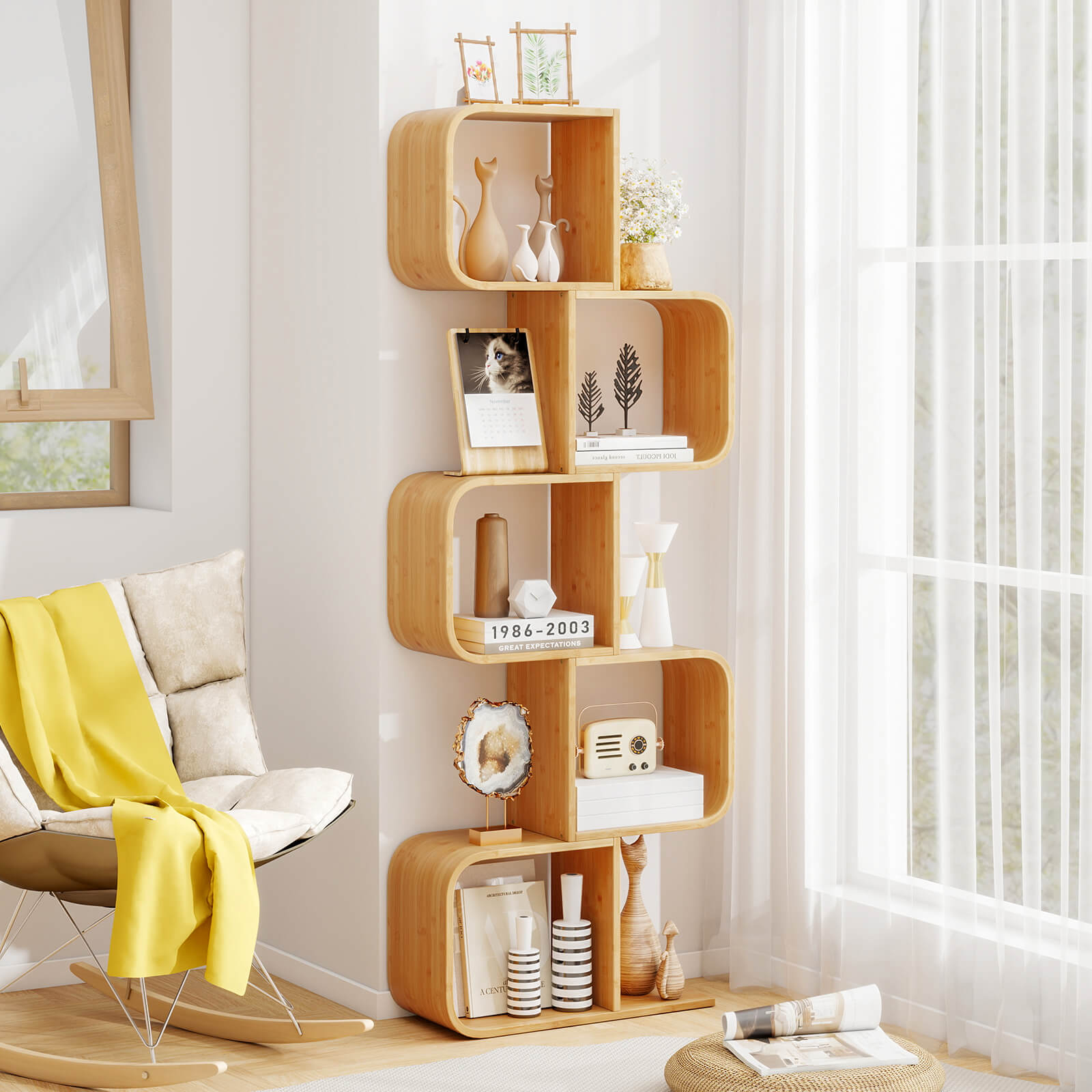 Bamboo Geometric Bookshelf 5-Tier Display Shelf with Open Cubes-Natural