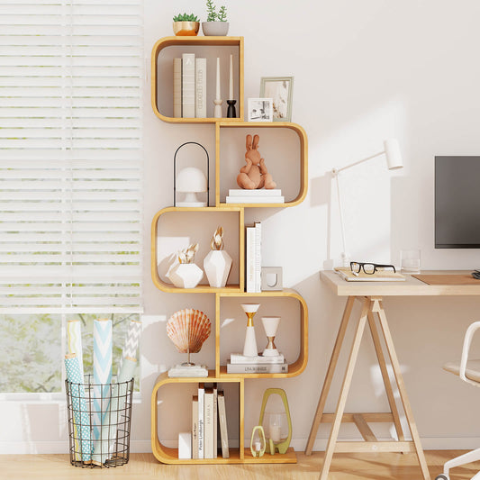 Bamboo Geometric Bookshelf 5-Tier Display Shelf with Open Cubes-Natural