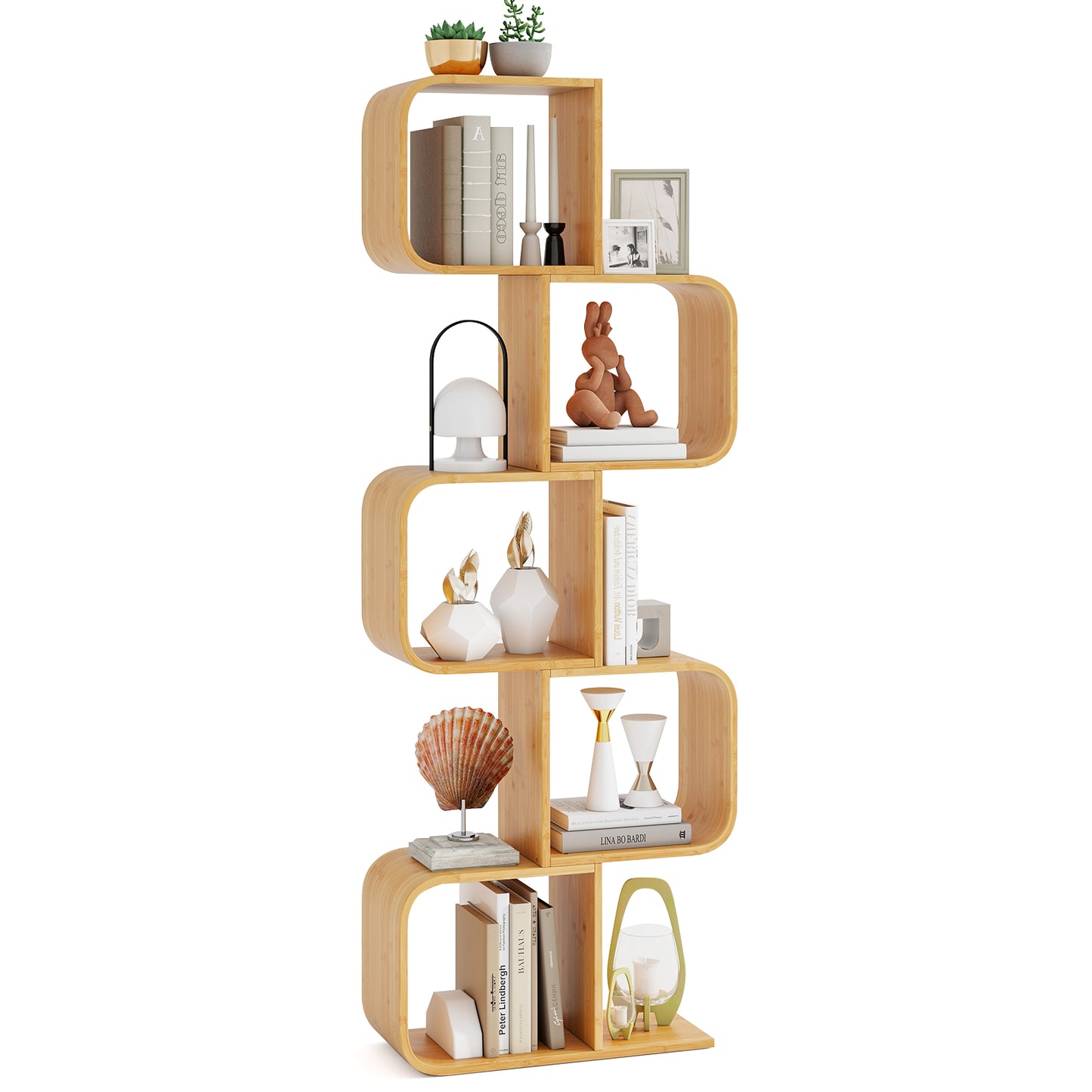 Bamboo Geometric Bookshelf 5-Tier Display Shelf with Open Cubes-Natural