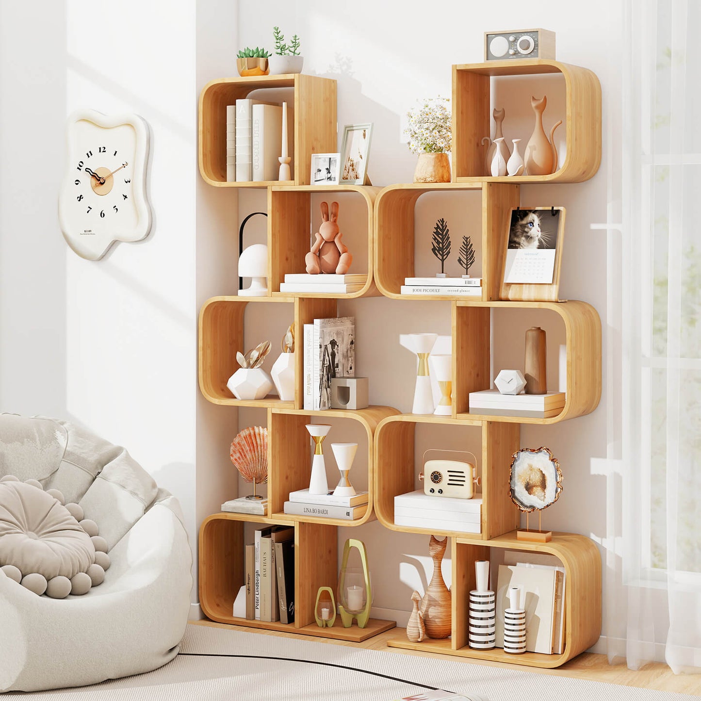 Bamboo Geometric Bookshelf 5-Tier Display Shelf with Open Cubes-Natural
