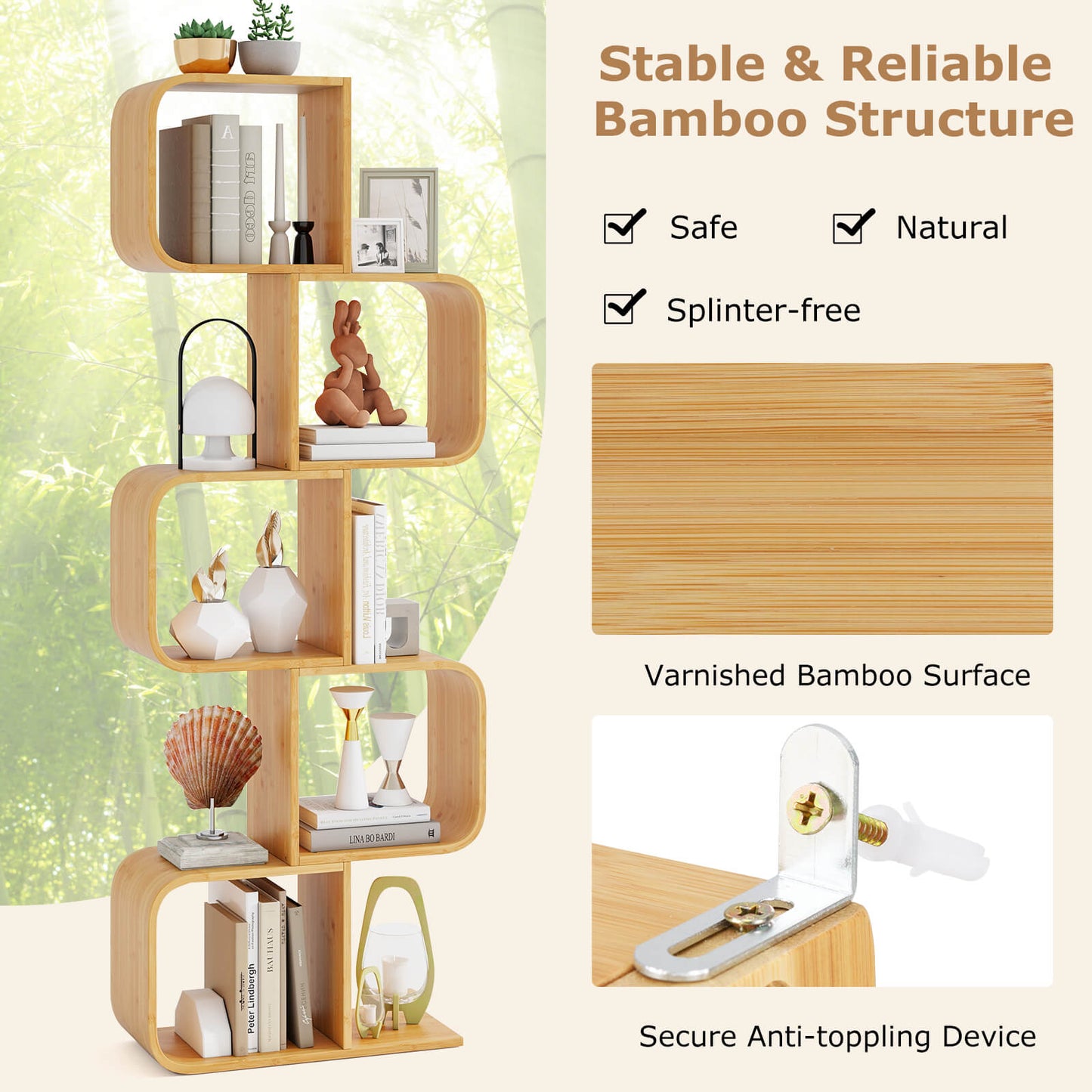 Bamboo Geometric Bookshelf 5-Tier Display Shelf with Open Cubes-Natural