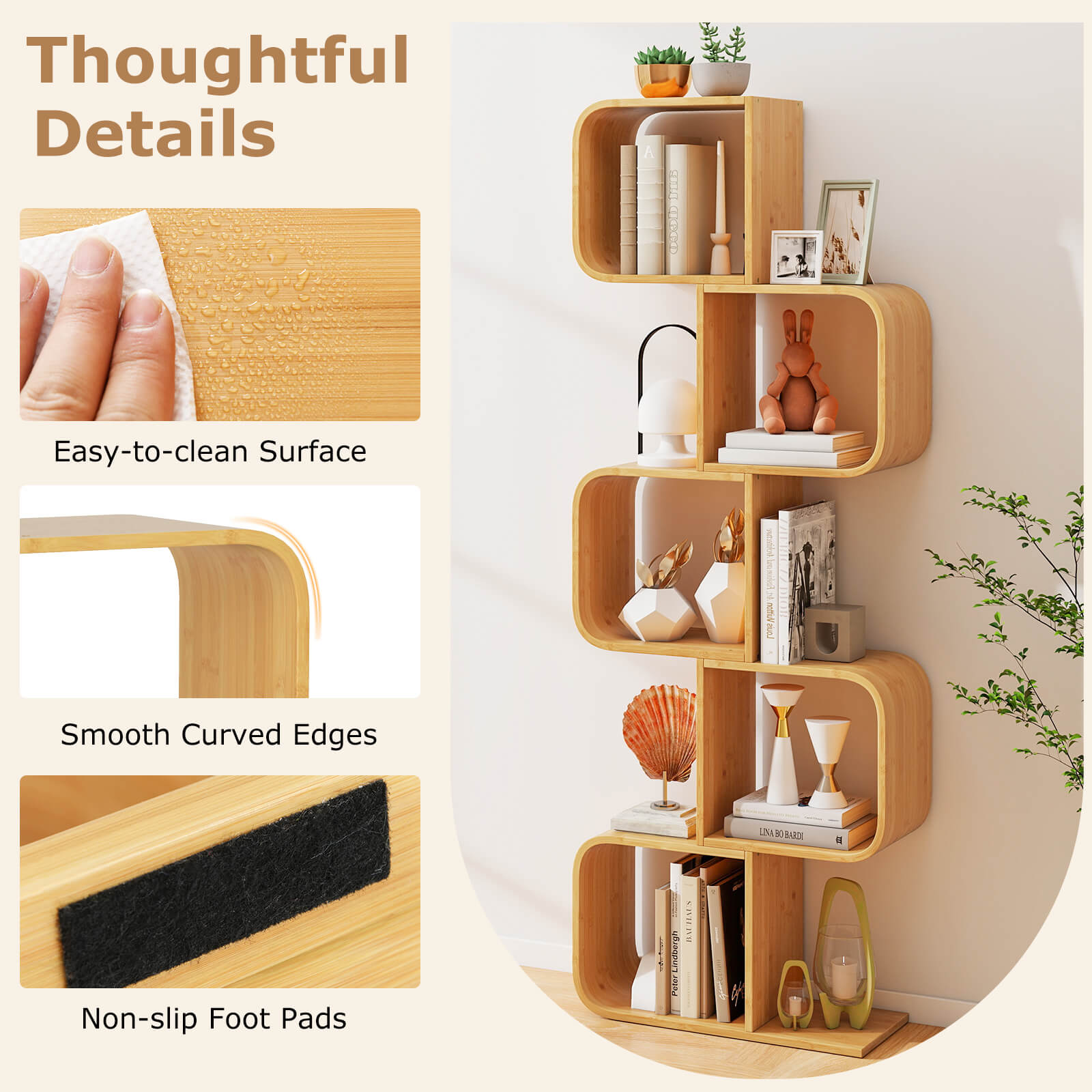 Bamboo Geometric Bookshelf 5-Tier Display Shelf with Open Cubes-Natural
