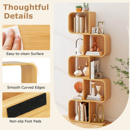 Bamboo Geometric Bookshelf 5-Tier Display Shelf with Open Cubes-Natural
