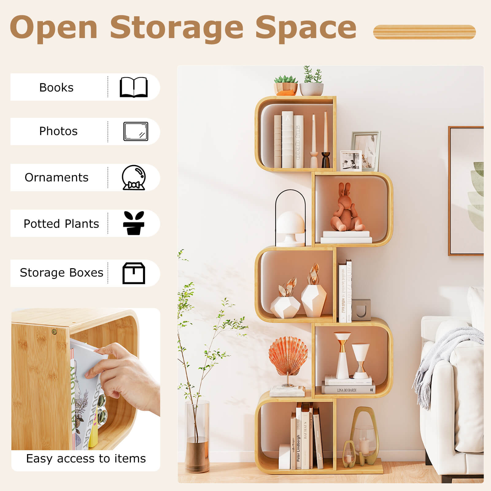Bamboo Geometric Bookshelf 5-Tier Display Shelf with Open Cubes-Natural