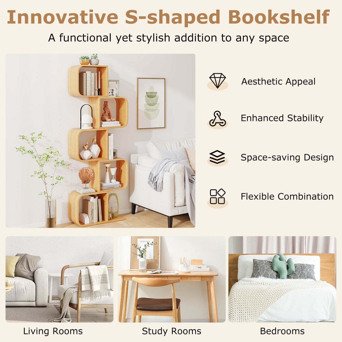 Bamboo Geometric Bookshelf 5-Tier Display Shelf with Open Cubes-Natural