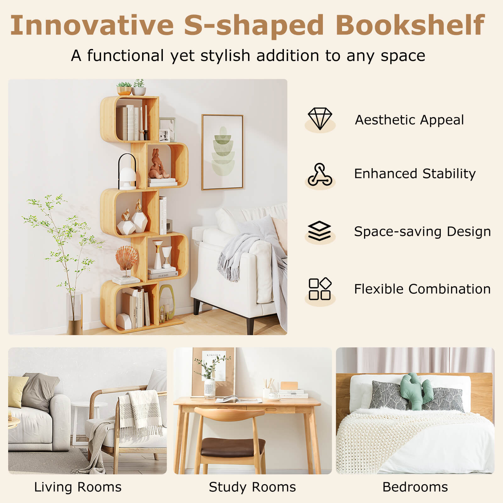 Bamboo Geometric Bookshelf 5-Tier Display Shelf with Open Cubes-Natural