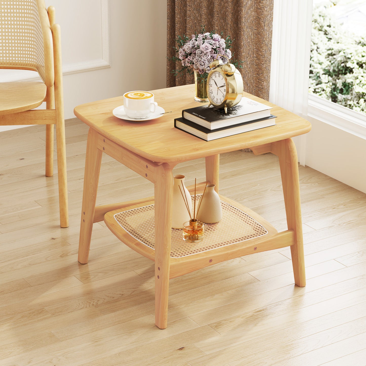 Bamboo Side Table with Faux Rattan Storage Shelf Boho End Table-Natural