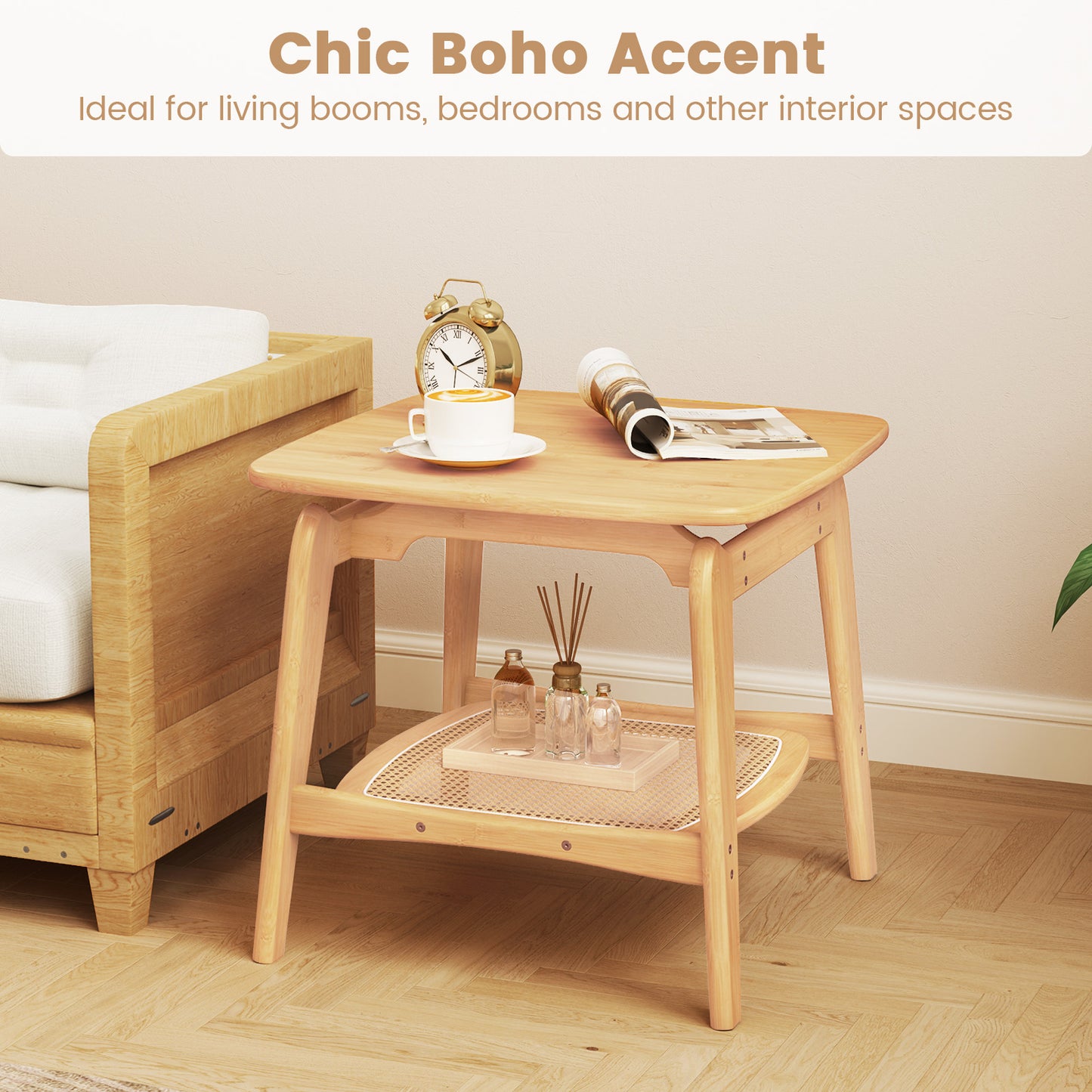 Bamboo Side Table with Faux Rattan Storage Shelf Boho End Table-Natural