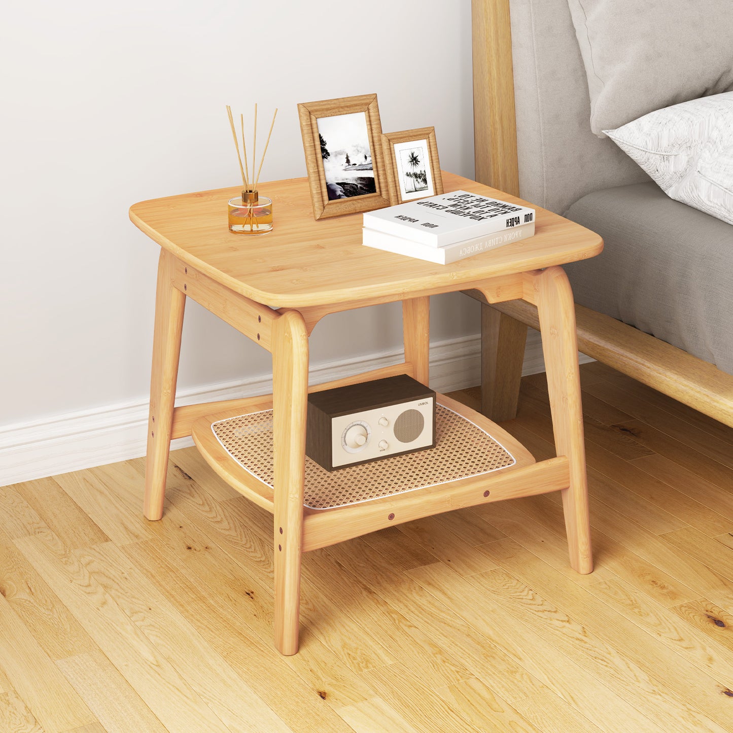 Bamboo Side Table with Faux Rattan Storage Shelf Boho End Table-Natural