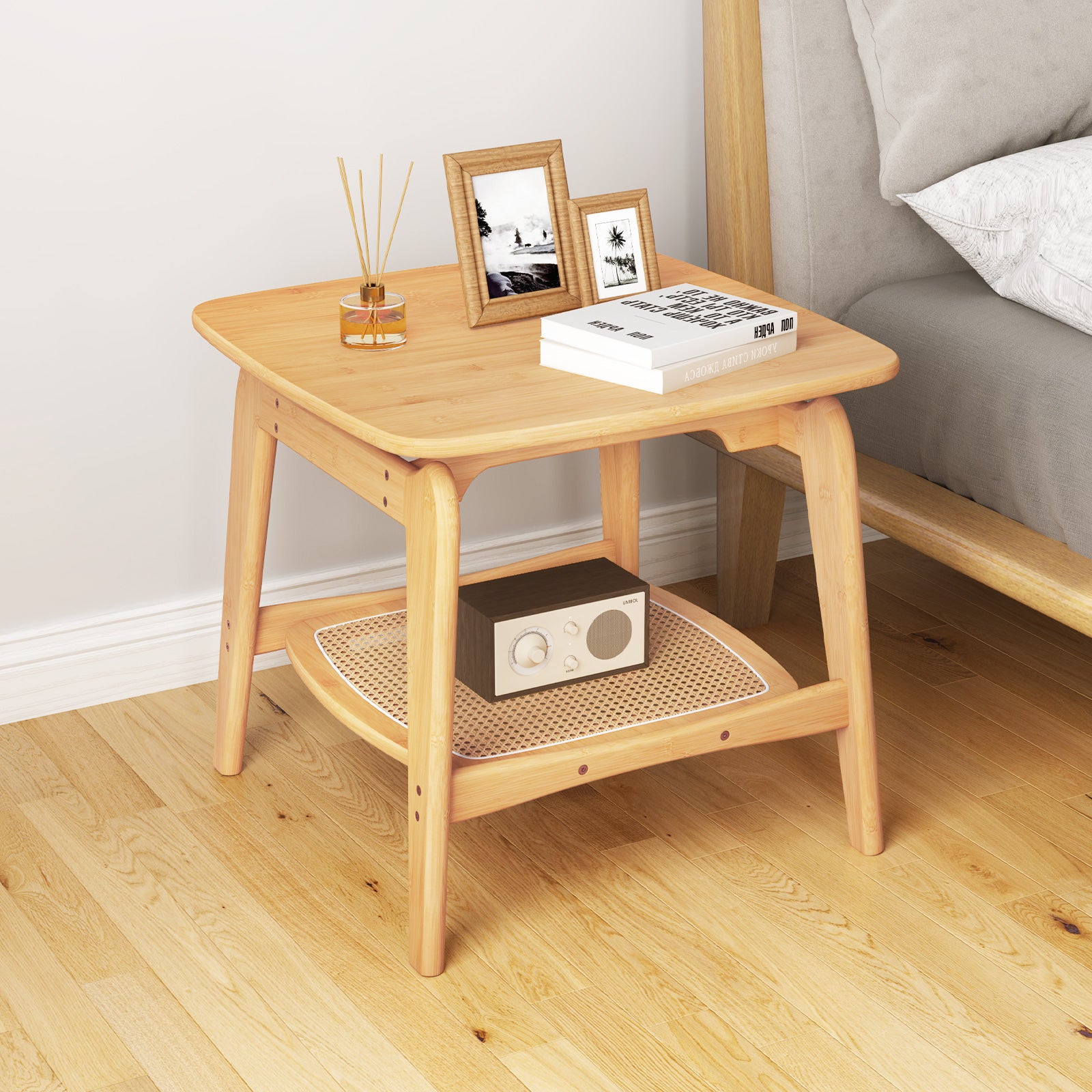 Bamboo Side Table with Faux Rattan Storage Shelf Boho End Table-Natural
