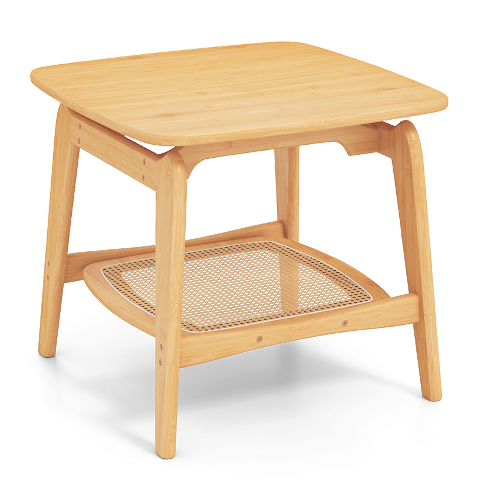 Bamboo Side Table with Faux Rattan Storage Shelf Boho End Table-Natural