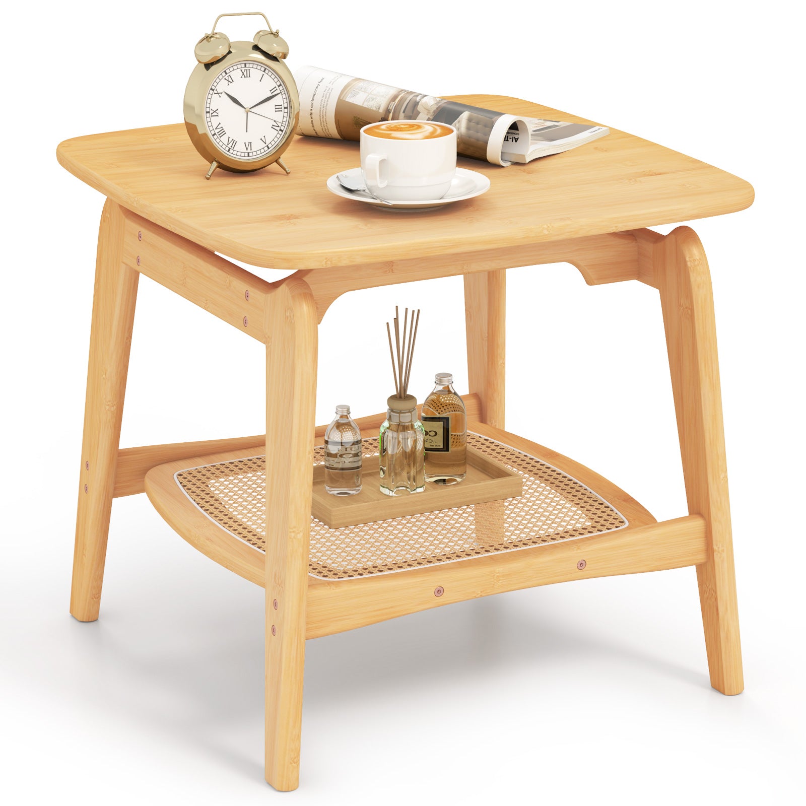 Bamboo Side Table with Faux Rattan Storage Shelf Boho End Table-Natural