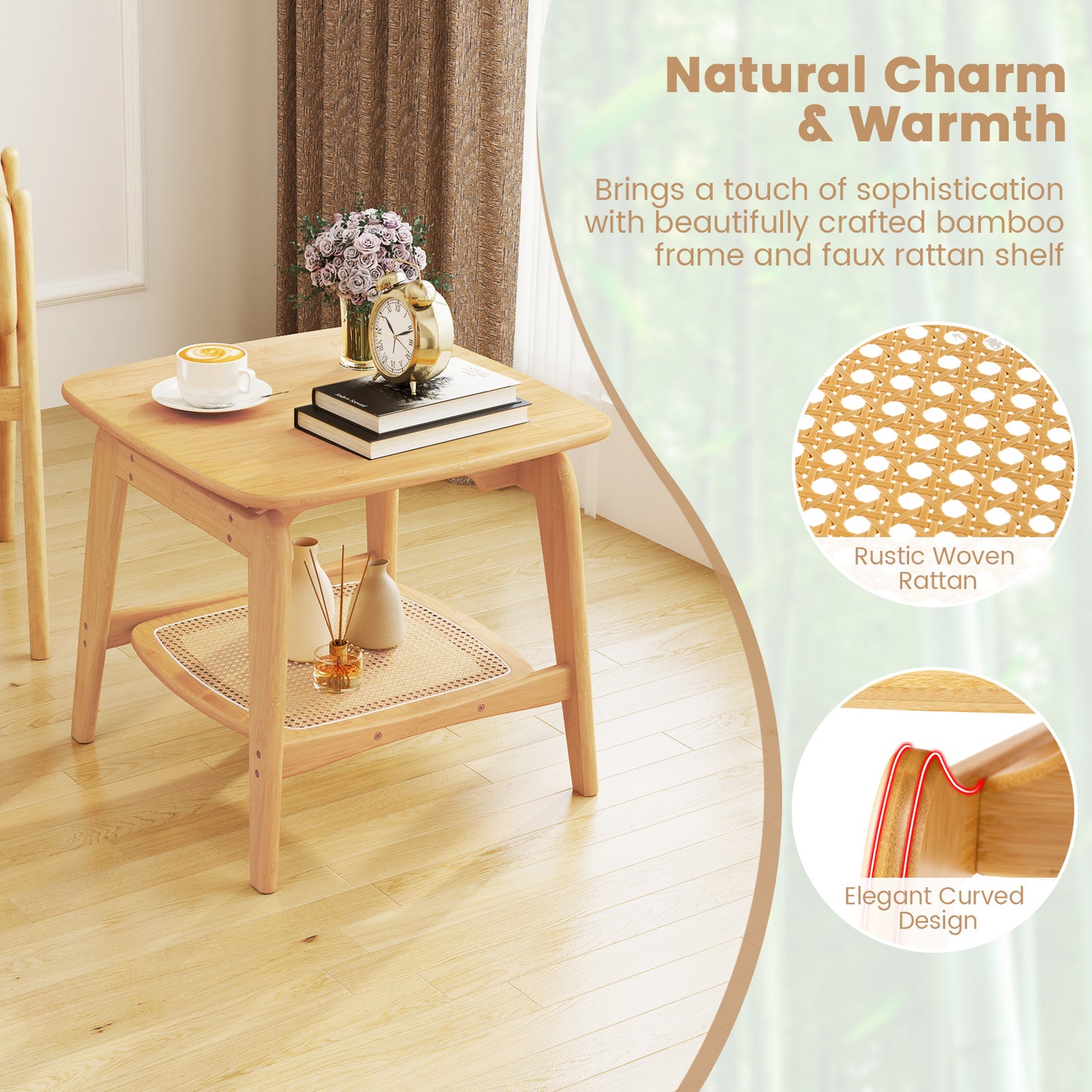 Bamboo Side Table with Faux Rattan Storage Shelf Boho End Table-Natural