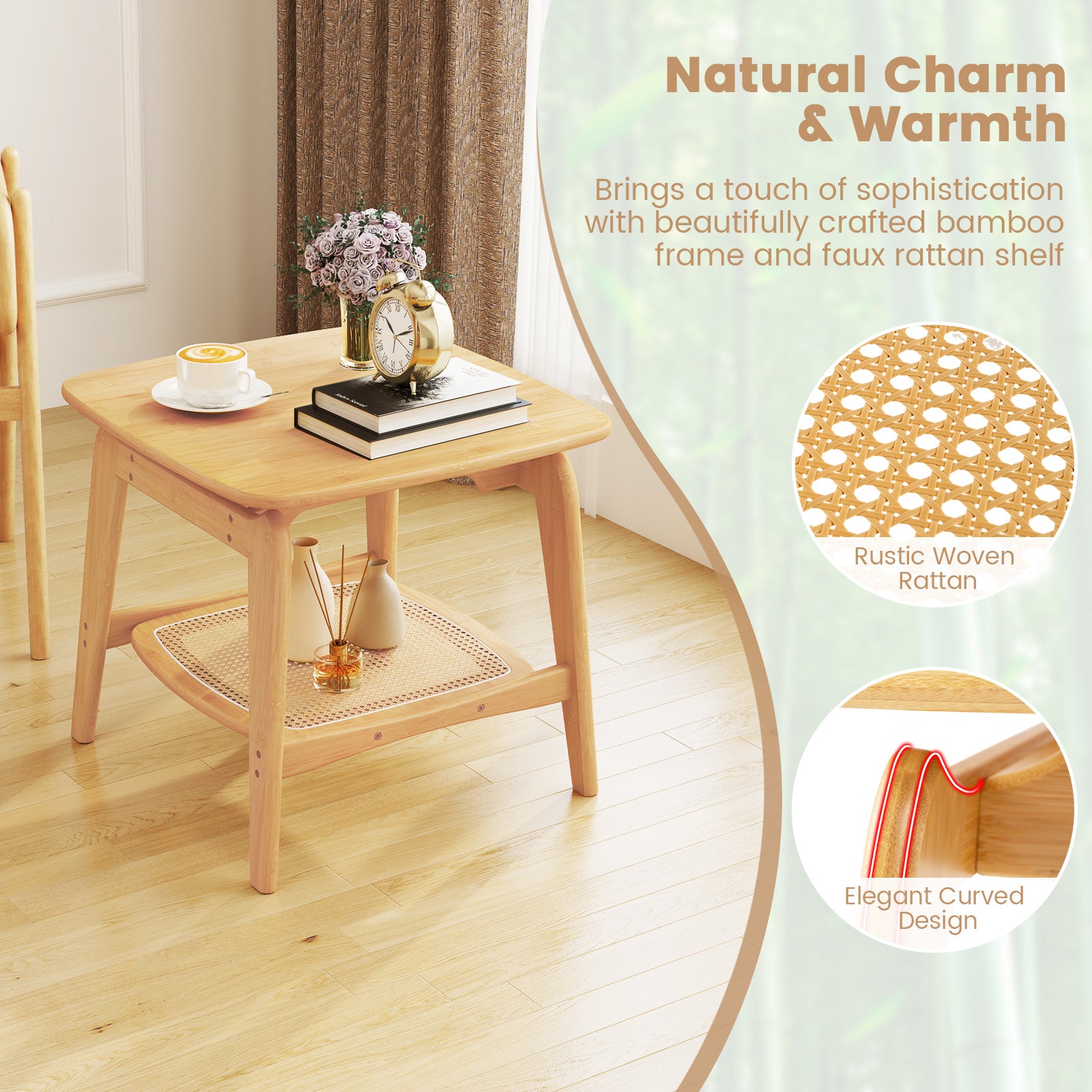Bamboo Side Table with Faux Rattan Storage Shelf Boho End Table-Natural