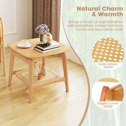 Bamboo Side Table with Faux Rattan Storage Shelf Boho End Table-Natural
