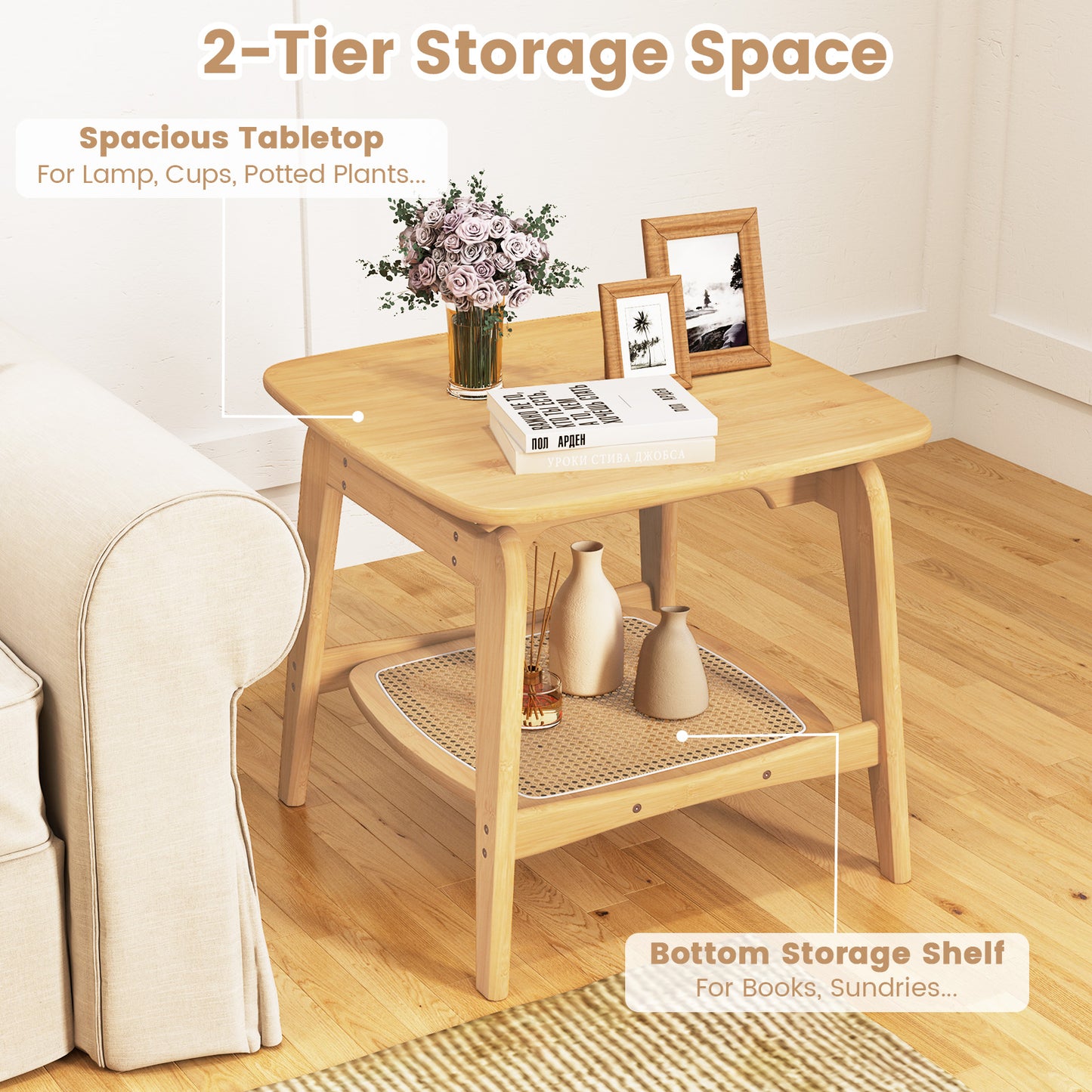 Bamboo Side Table with Faux Rattan Storage Shelf Boho End Table-Natural