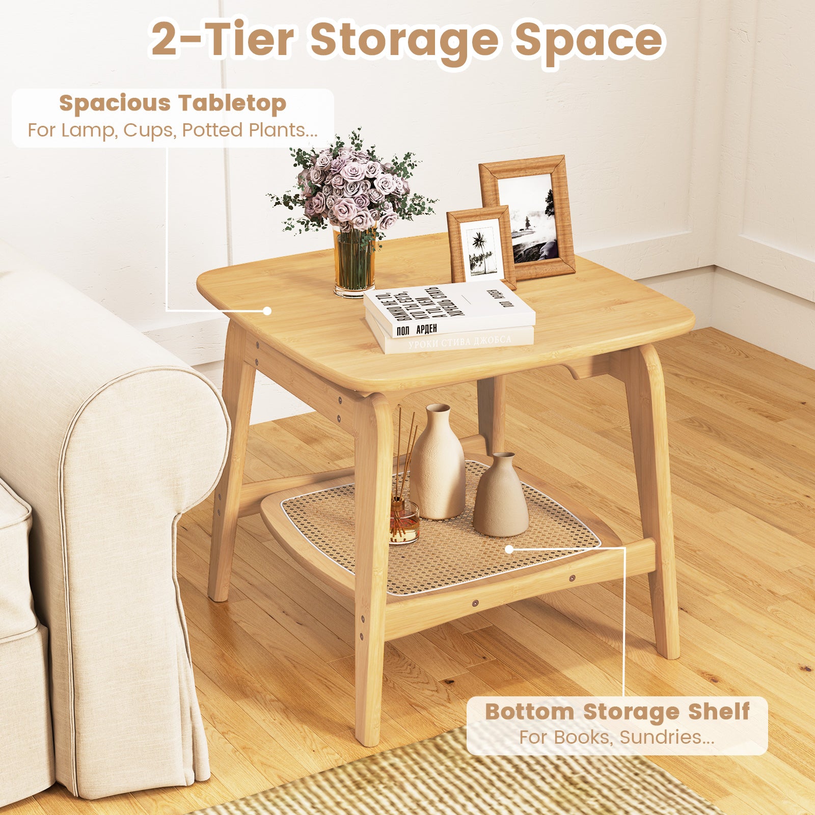 Bamboo Side Table with Faux Rattan Storage Shelf Boho End Table-Natural