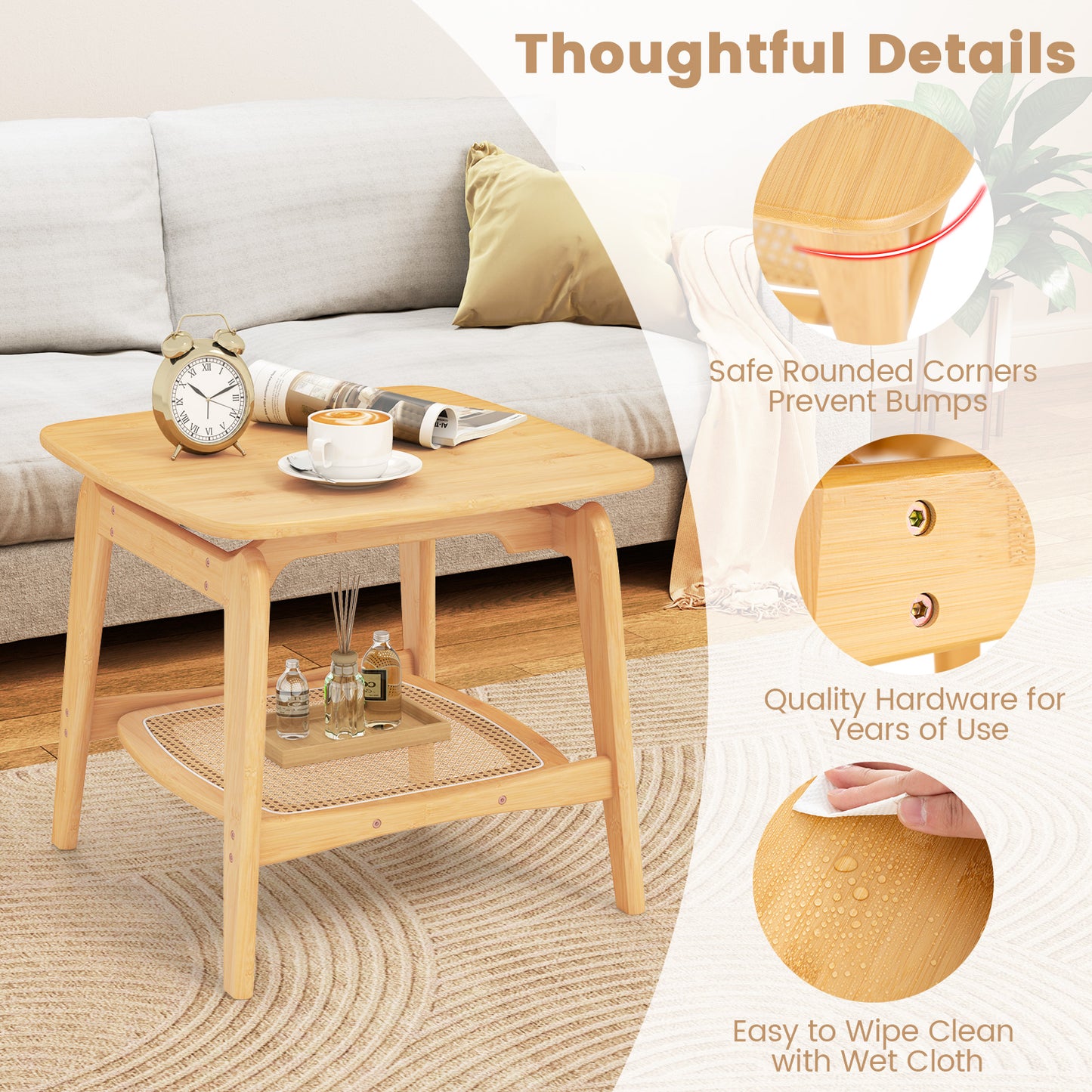 Bamboo Side Table with Faux Rattan Storage Shelf Boho End Table-Natural