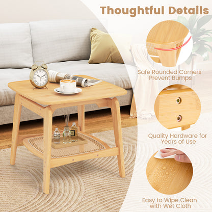 Bamboo Side Table with Faux Rattan Storage Shelf Boho End Table-Natural
