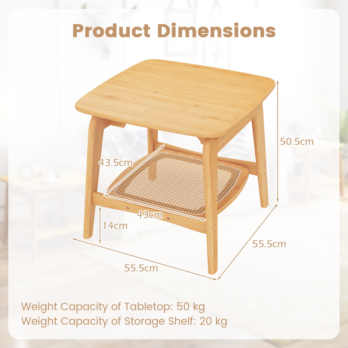 Bamboo Side Table with Faux Rattan Storage Shelf Boho End Table-Natural