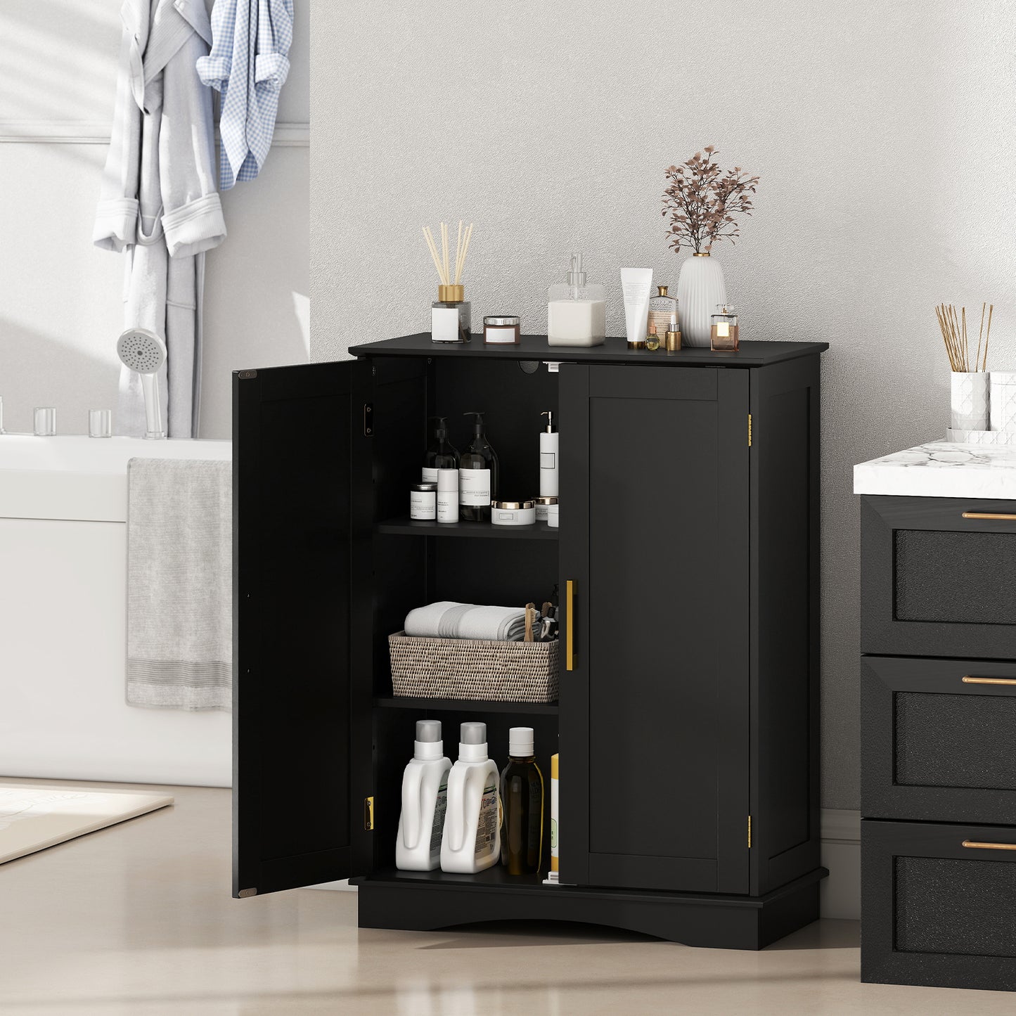 Bathroom Floor Storage Cabinet 80 cm Freestanding Cupboard Buffet Cabinet-Black