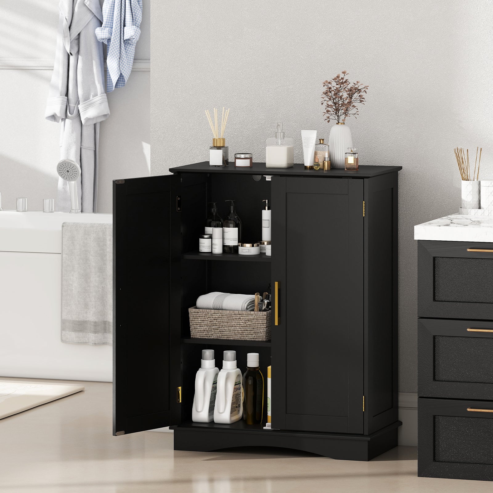 Bathroom Floor Storage Cabinet 80 cm Freestanding Cupboard Buffet Cabinet-Black