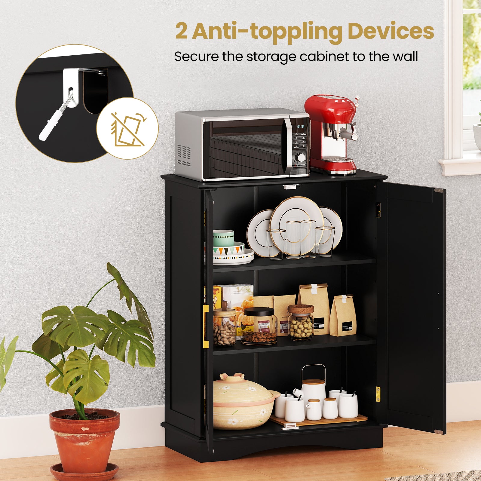Bathroom Floor Storage Cabinet 80 cm Freestanding Cupboard Buffet Cabinet-Black