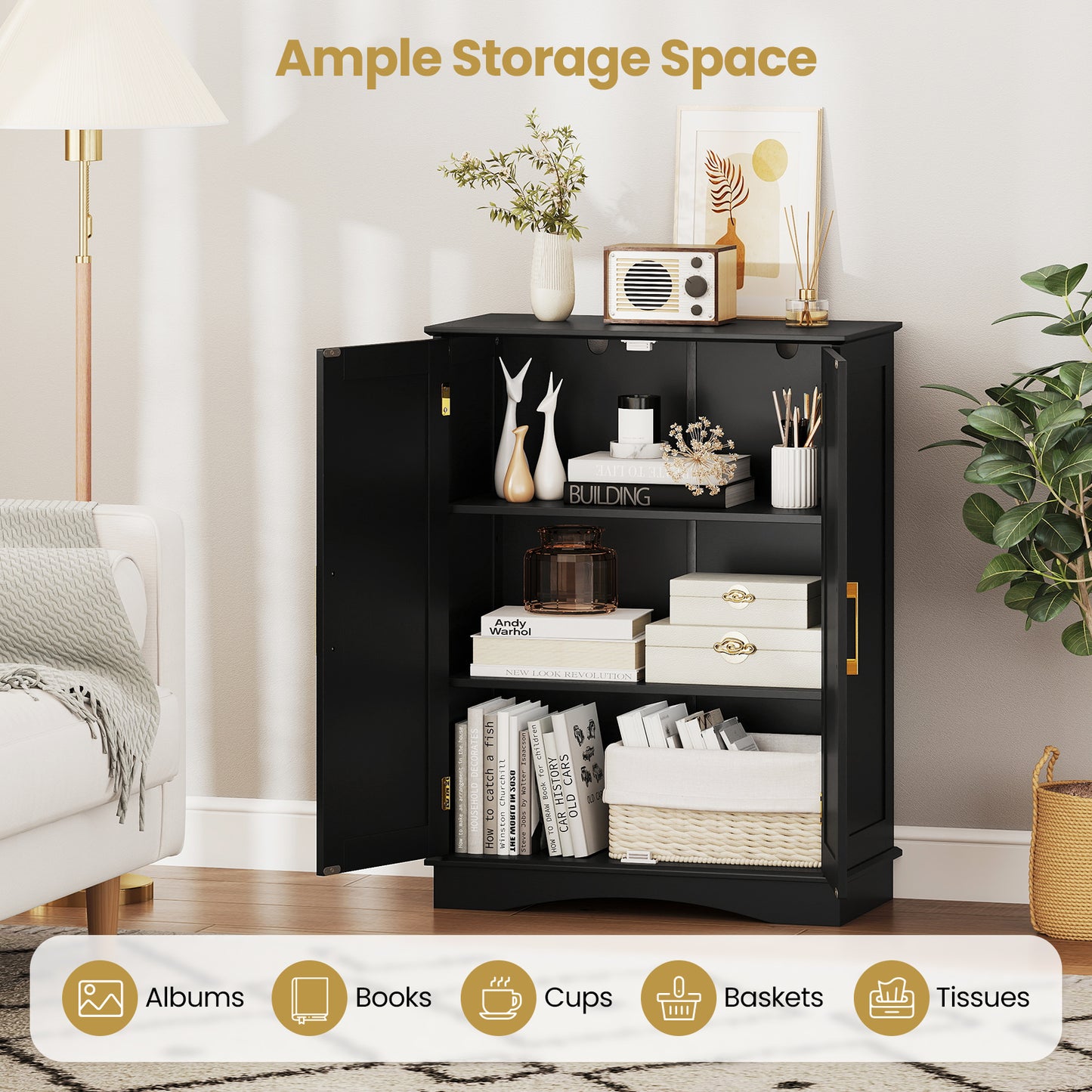 Bathroom Floor Storage Cabinet 80 cm Freestanding Cupboard Buffet Cabinet-Black