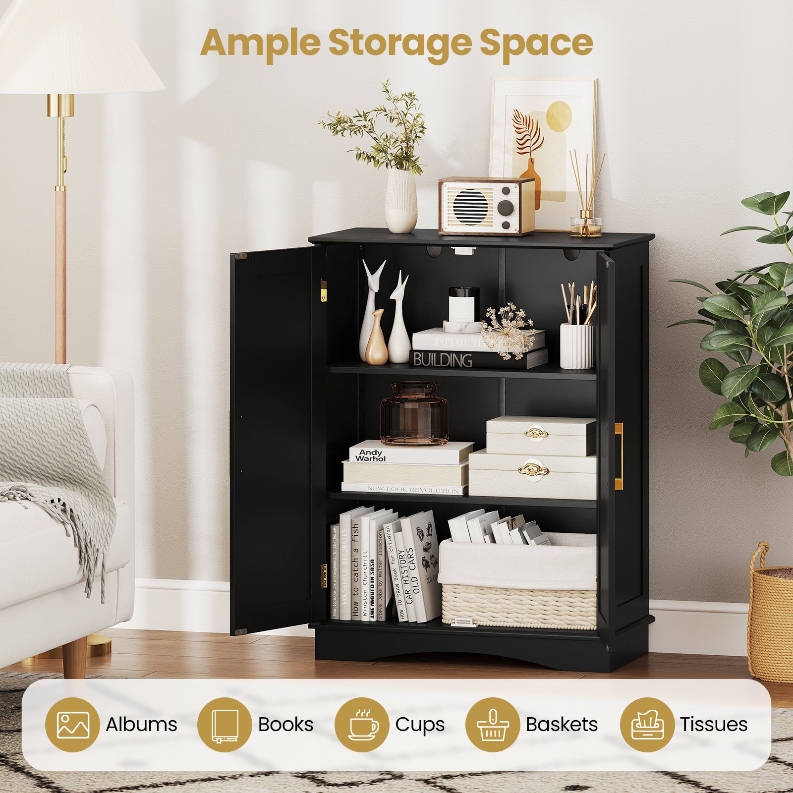 Bathroom Floor Storage Cabinet 80 cm Freestanding Cupboard Buffet Cabinet-Black
