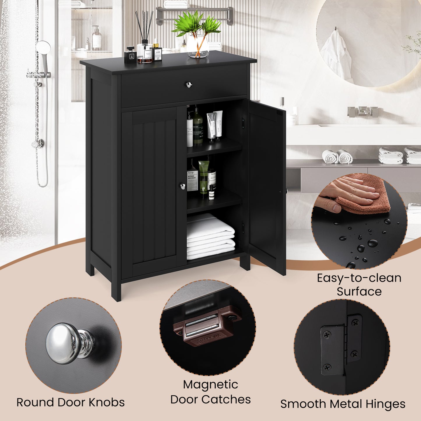 Bathroom Storage Cabinet with 3-Level Adjustable Shelf-Black