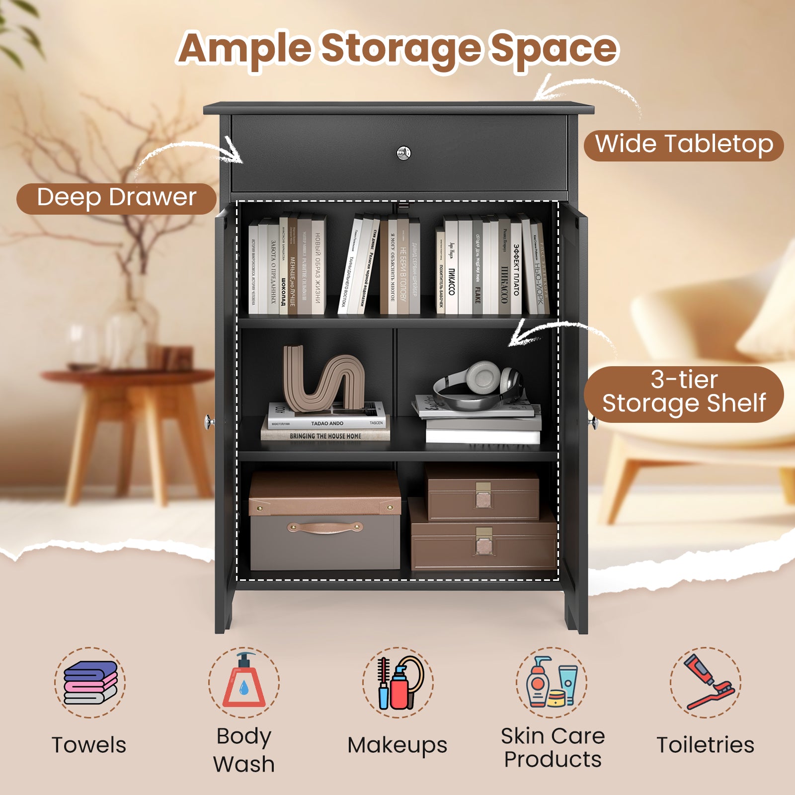 Bathroom Storage Cabinet with 3-Level Adjustable Shelf-Black