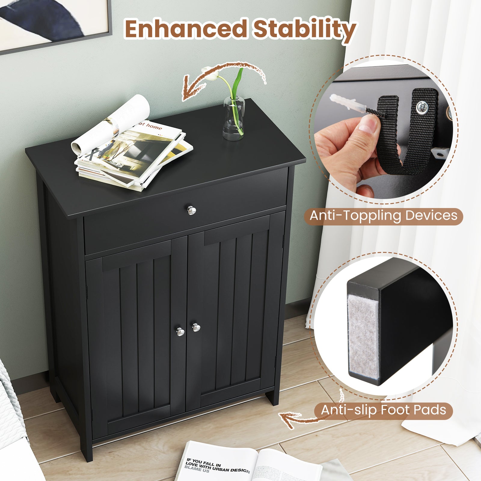 Bathroom Storage Cabinet with 3-Level Adjustable Shelf-Black