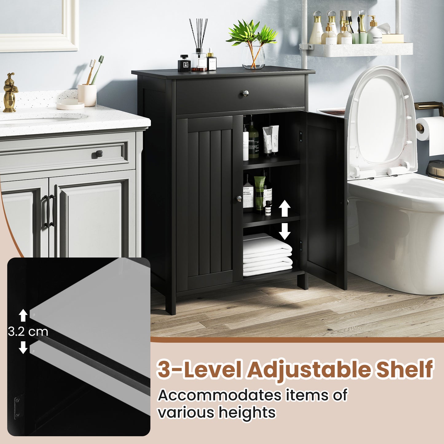 Bathroom Storage Cabinet with 3-Level Adjustable Shelf-Black