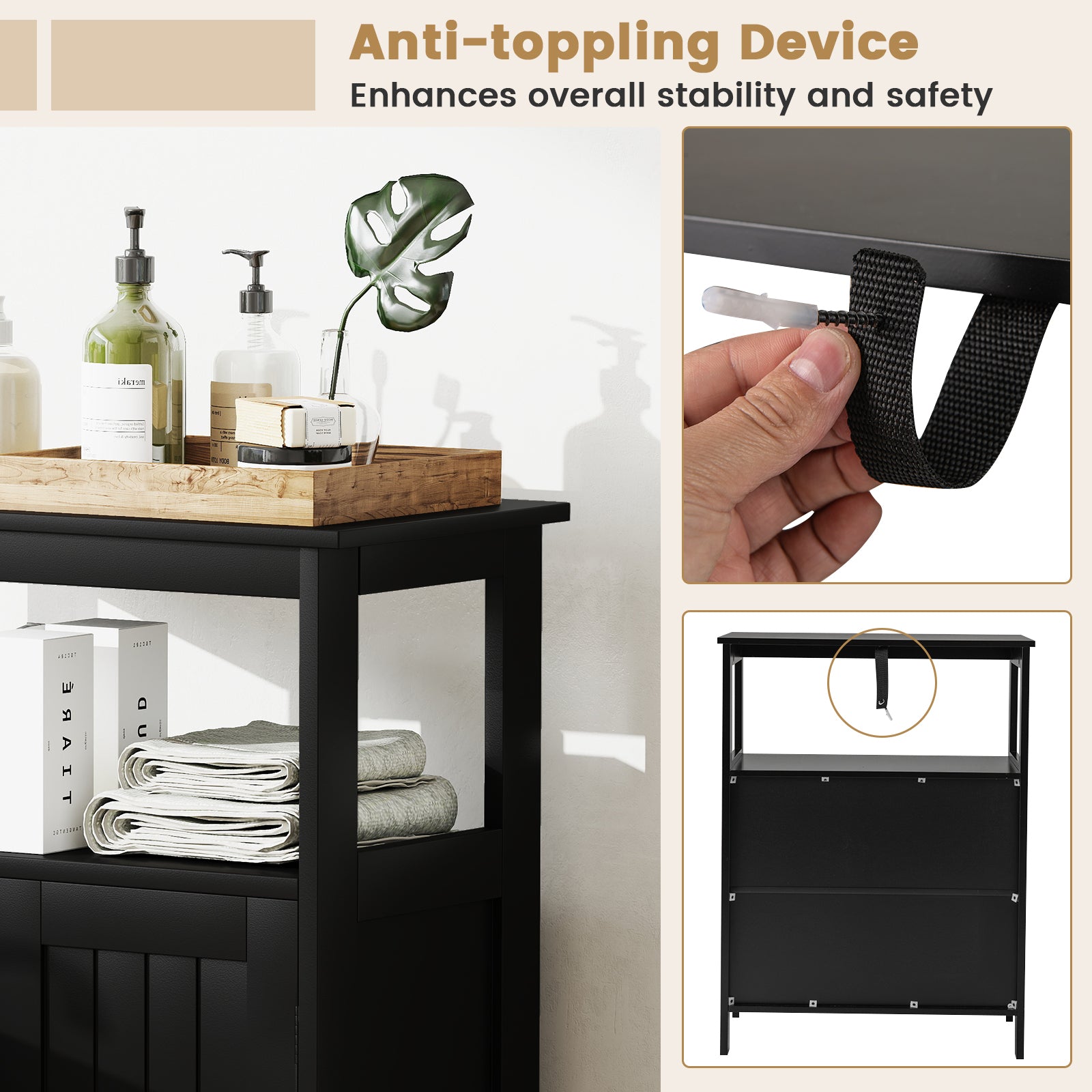 Bathroom Storage Cabinet with 2 Doors and 2 Open Shelves-Black