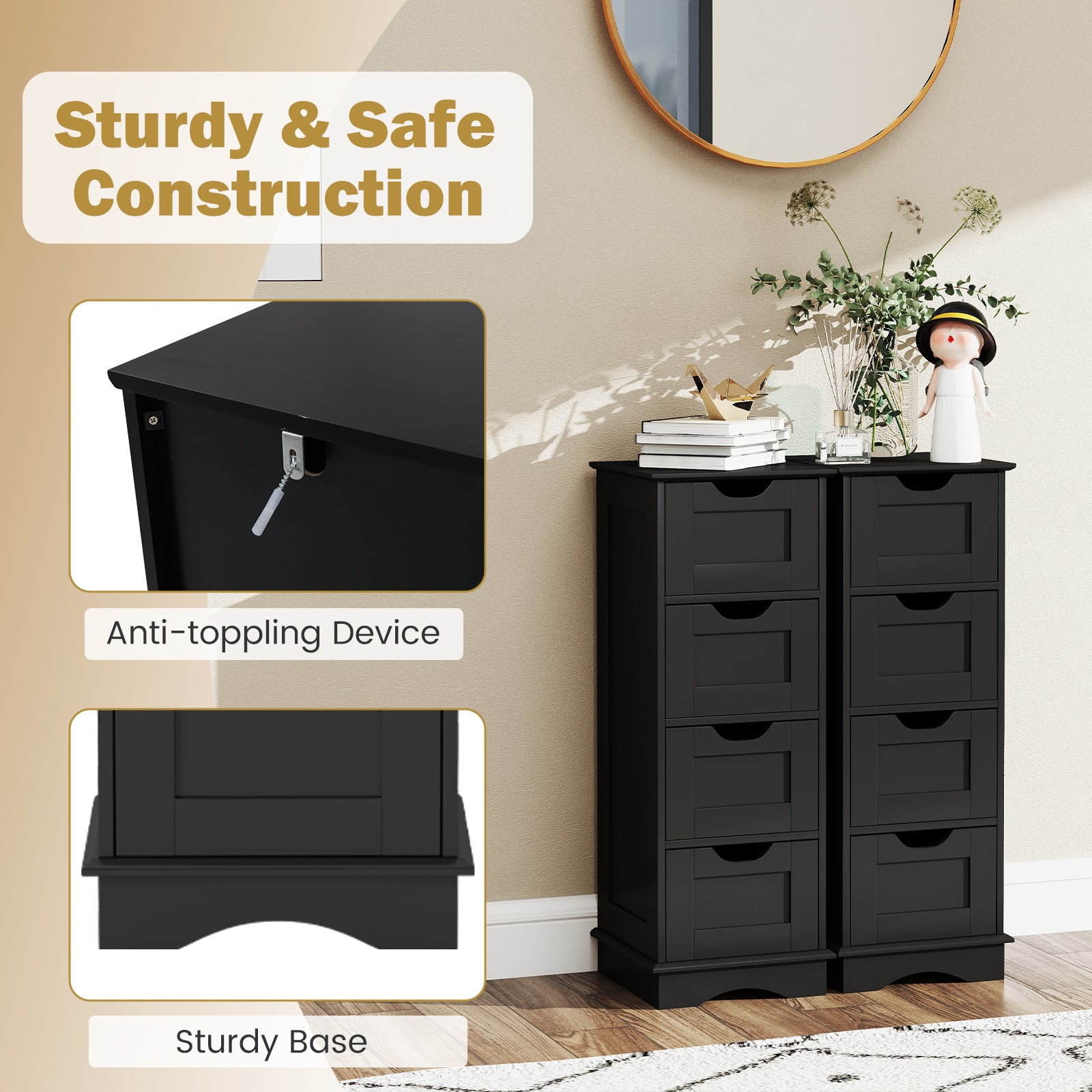 Bathroom Storage Cabinet with 4 Drawers for Hallway-Black