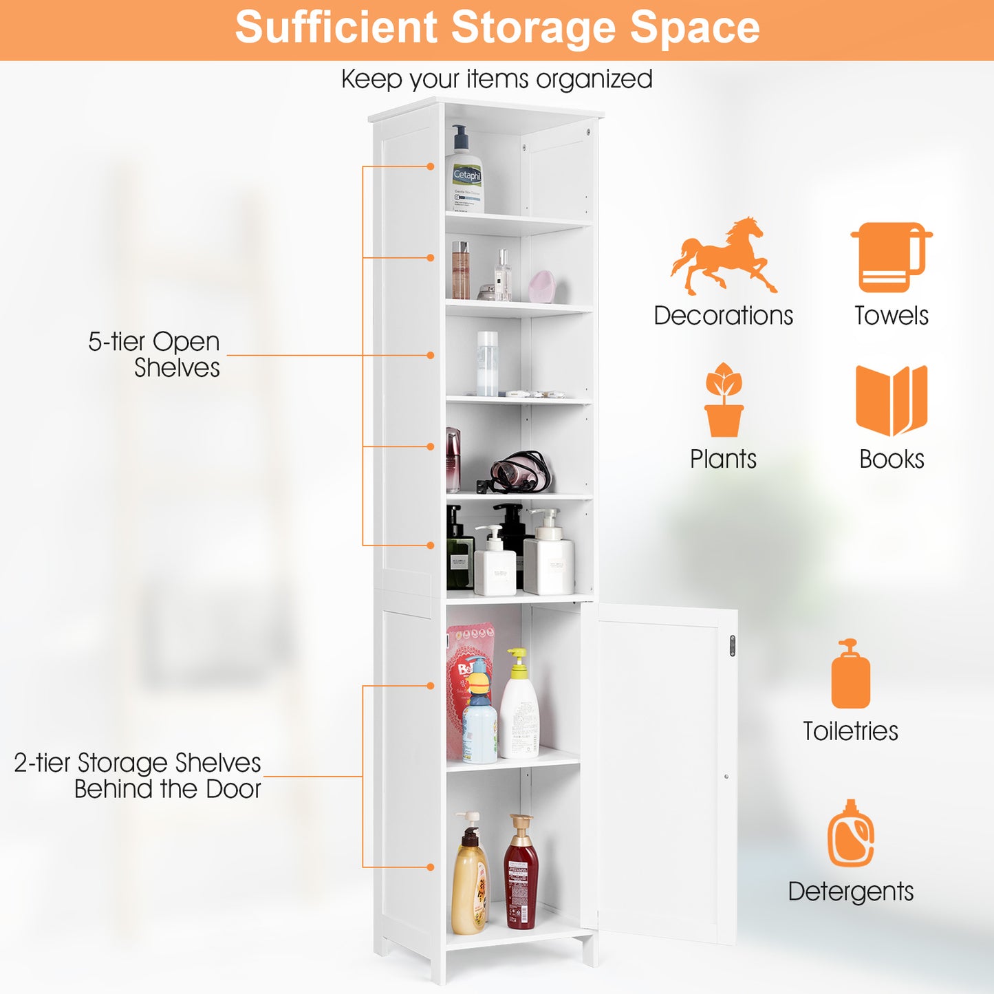Bathroom Storage Cabinet with 5 Open Shelves for Home-White