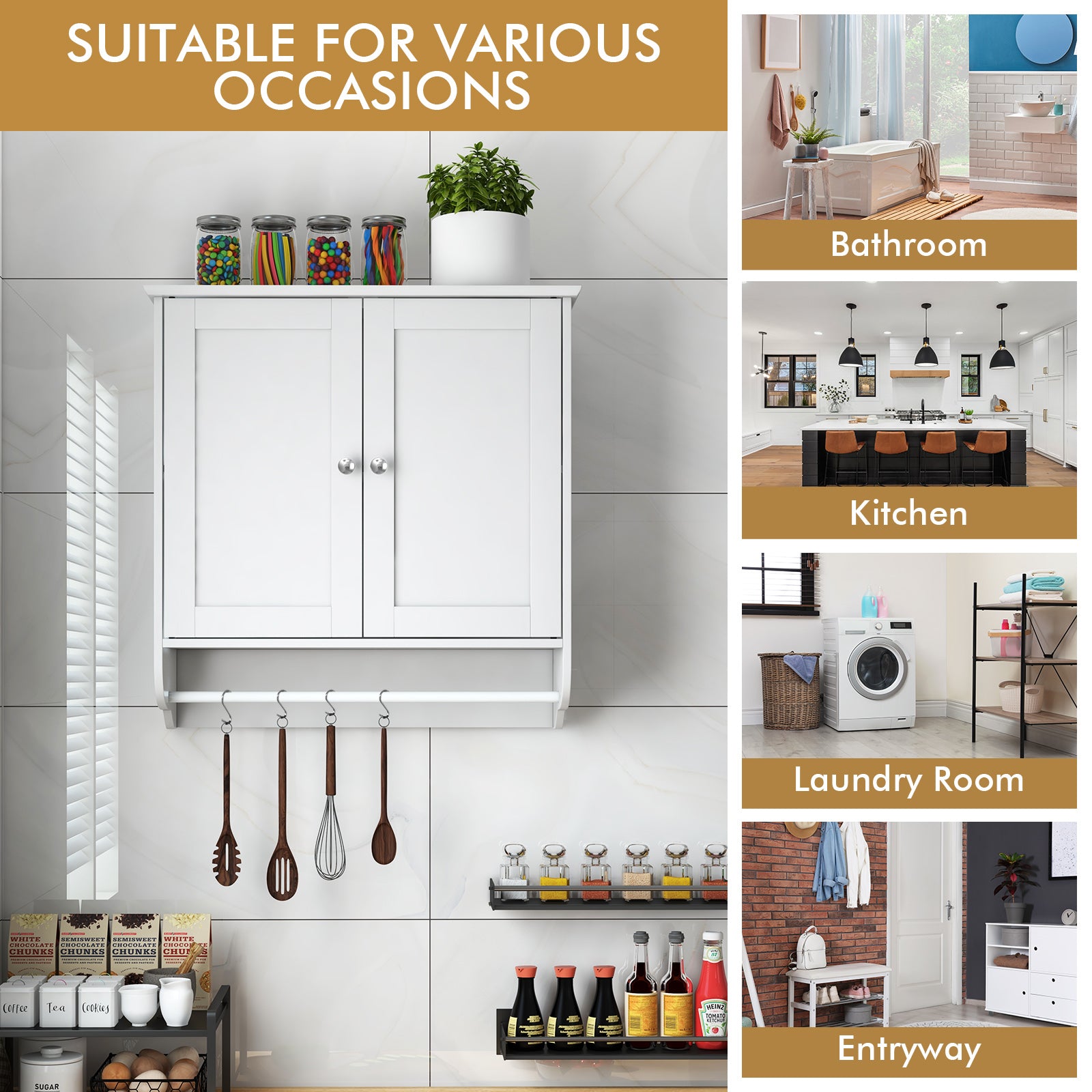 Bathroom Wall Cabinet with 2 Doors and Adjustable Shelf-White